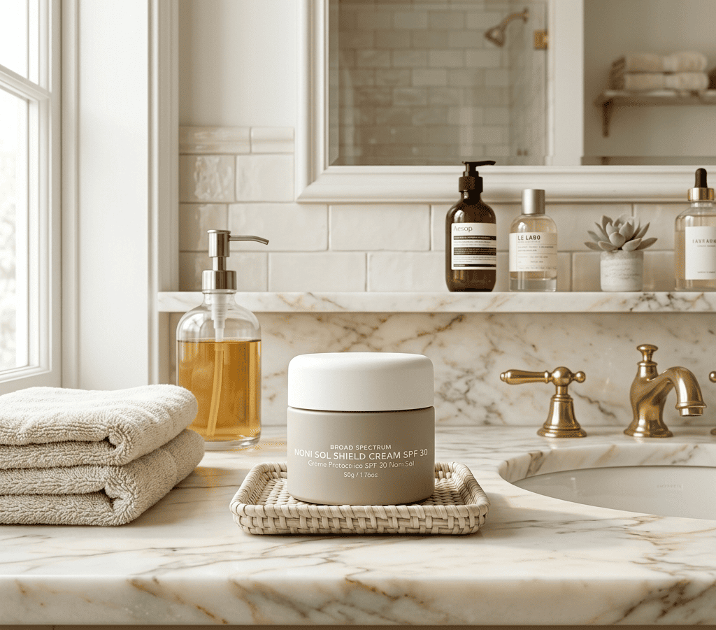 Avinichi SPF cream on bathroom counter